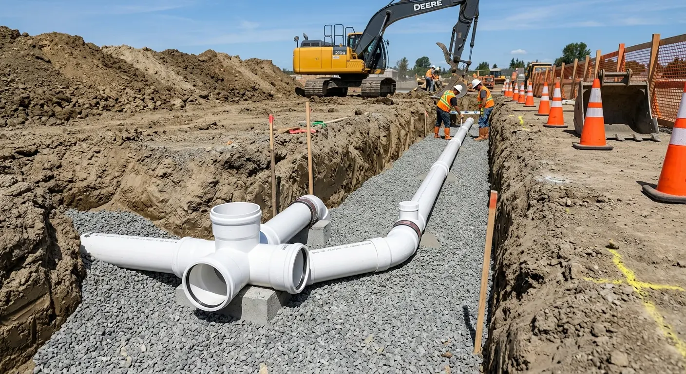 New PVC sewer pipe installation in open trench for Commercial Drain Cleaning in Powder Springs