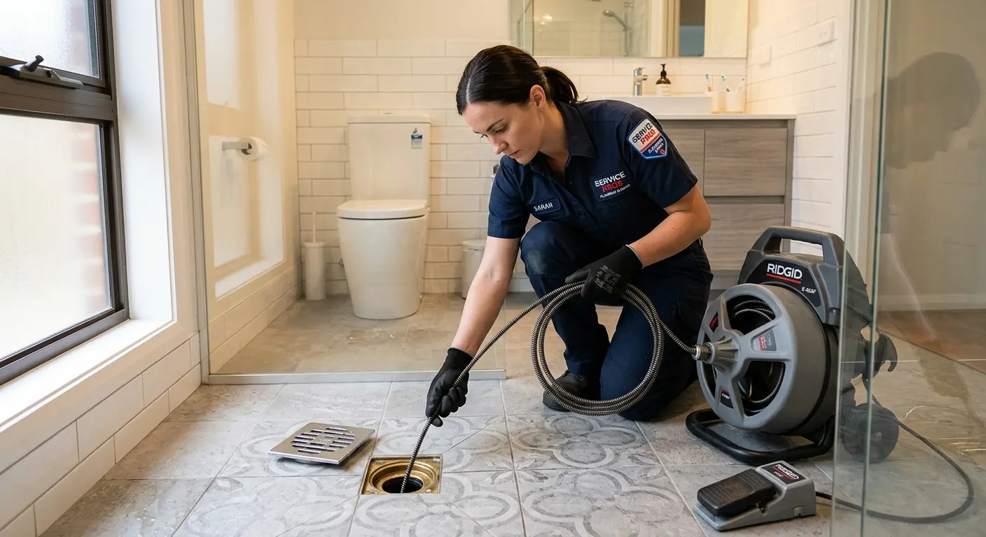 Technician clearing a bathroom floor drain for Drain Repair in Powder Springs